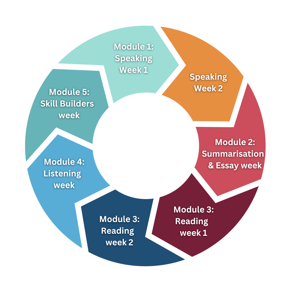 a circular diagram showing the phases of a language learning program.