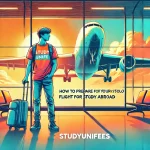 DALL·E 2024 11 12 17.28.51 A vibrant image of a young student standing confidently in an airport wearing casual travel clothes and a backpack with an airplane visible through