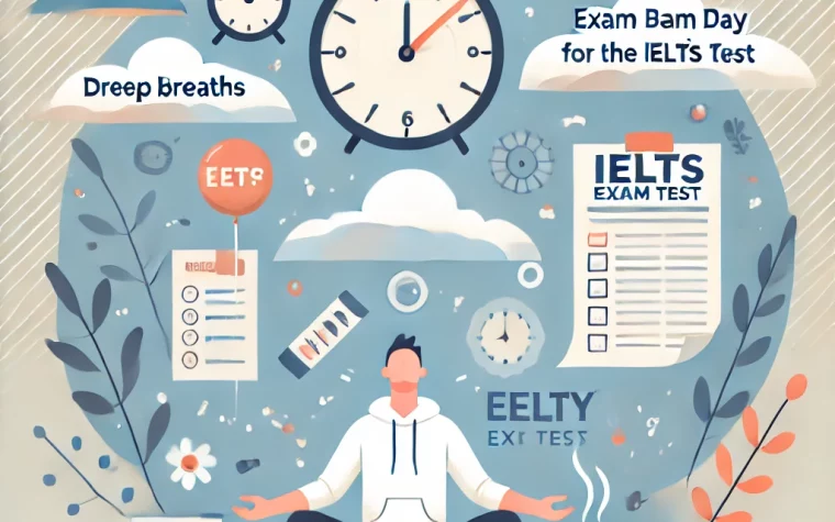 DALL·E 2024 11 12 17.39.50 Create an image for a blog titled How to Manage Exam Day Anxiety for the IELTS Test. The image should feature a calm inviting background with soft