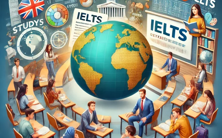 DALL·E 2024 11 13 10.31.27 An international classroom scene with diverse students from different cultural backgrounds interacting. Elements of IELTS preparation are visible suc